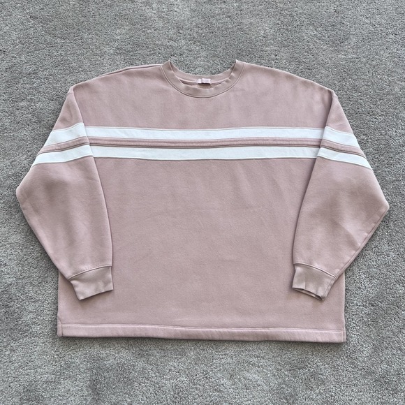 nuuds Tops - Nuuds Striped Crewneck Sweatshirt Womens XL Pink Fleece Varsity Logo‎ Pullover